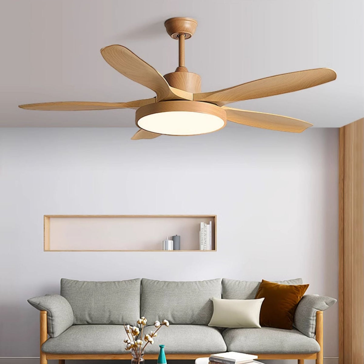 52 Inch Ceiling Fan with Light – Wood-Effect & Brass, 132cm, Warm LED, Remote Control