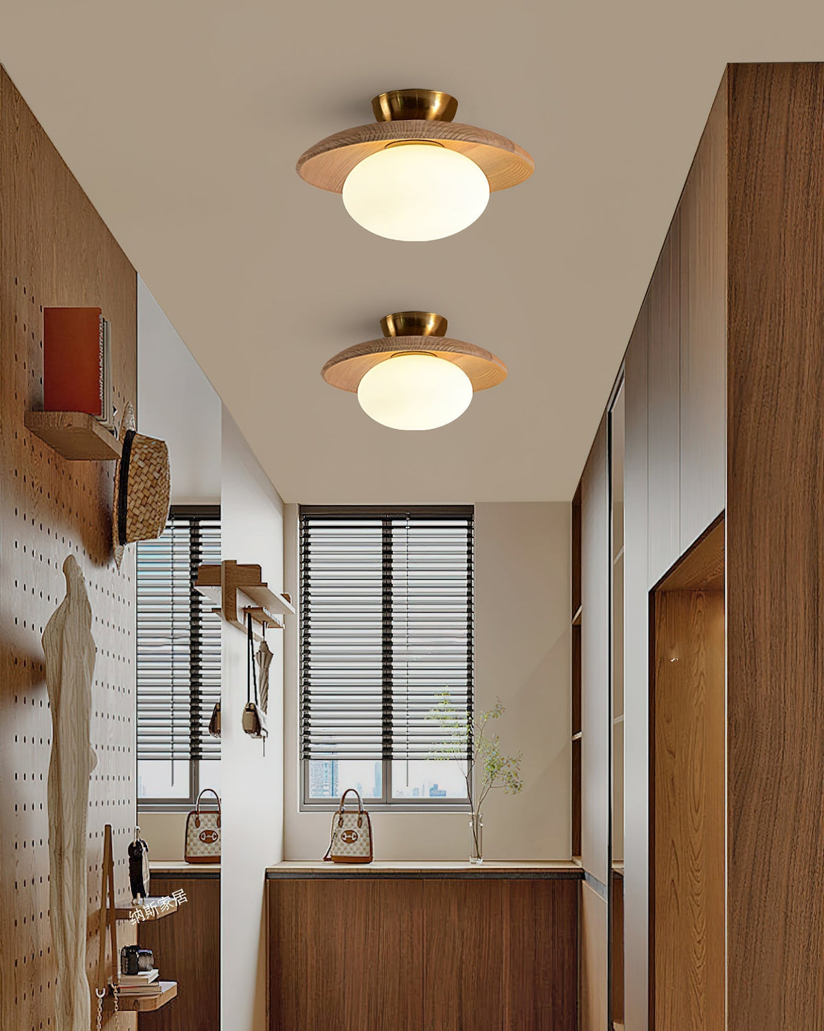 Glass Globe Ceiling Light – Wood Base with Matte Opal Globe & Brass Detail, 28cm, Oak or Walnut