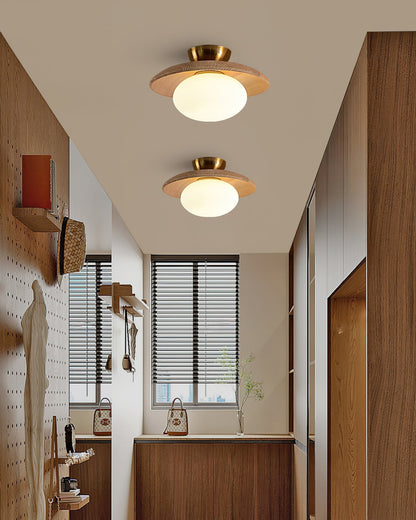 Glass Globe Ceiling Light – Wood Base with Matte Opal Globe & Brass Detail, 28cm, Oak or Walnut