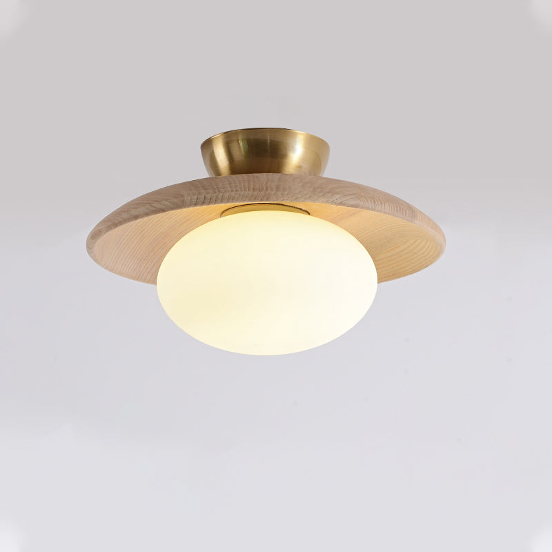 Glass Globe Ceiling Light – Wood Base with Matte Opal Globe & Brass Detail, 28cm, Oak or Walnut