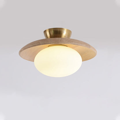Glass Globe Ceiling Light – Wood Base with Matte Opal Globe & Brass Detail, 28cm, Oak or Walnut