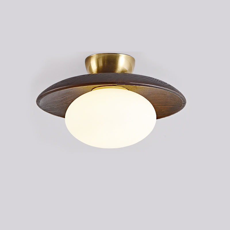 Glass Globe Ceiling Light – Wood Base with Matte Opal Globe & Brass Detail, 28cm, Oak or Walnut