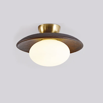 Glass Globe Ceiling Light – Wood Base with Matte Opal Globe & Brass Detail, 28cm, Oak or Walnut