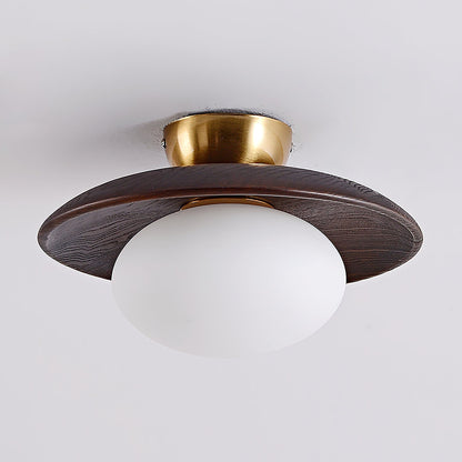 Glass Globe Ceiling Light – Wood Base with Matte Opal Globe & Brass Detail, 28cm, Oak or Walnut