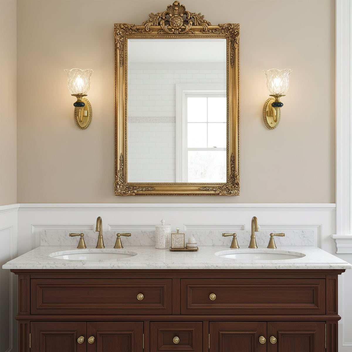 Ceramic Wall Sconce – Brass Arm with Hand-Painted Ceramic Backplate, Single or Double, Classic Style