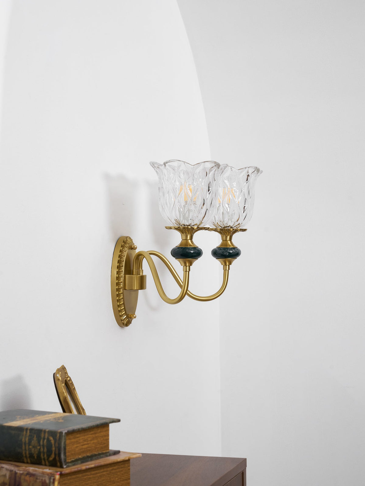 Ceramic Wall Sconce – Brass Arm with Hand-Painted Ceramic Backplate, Single or Double, Classic Style