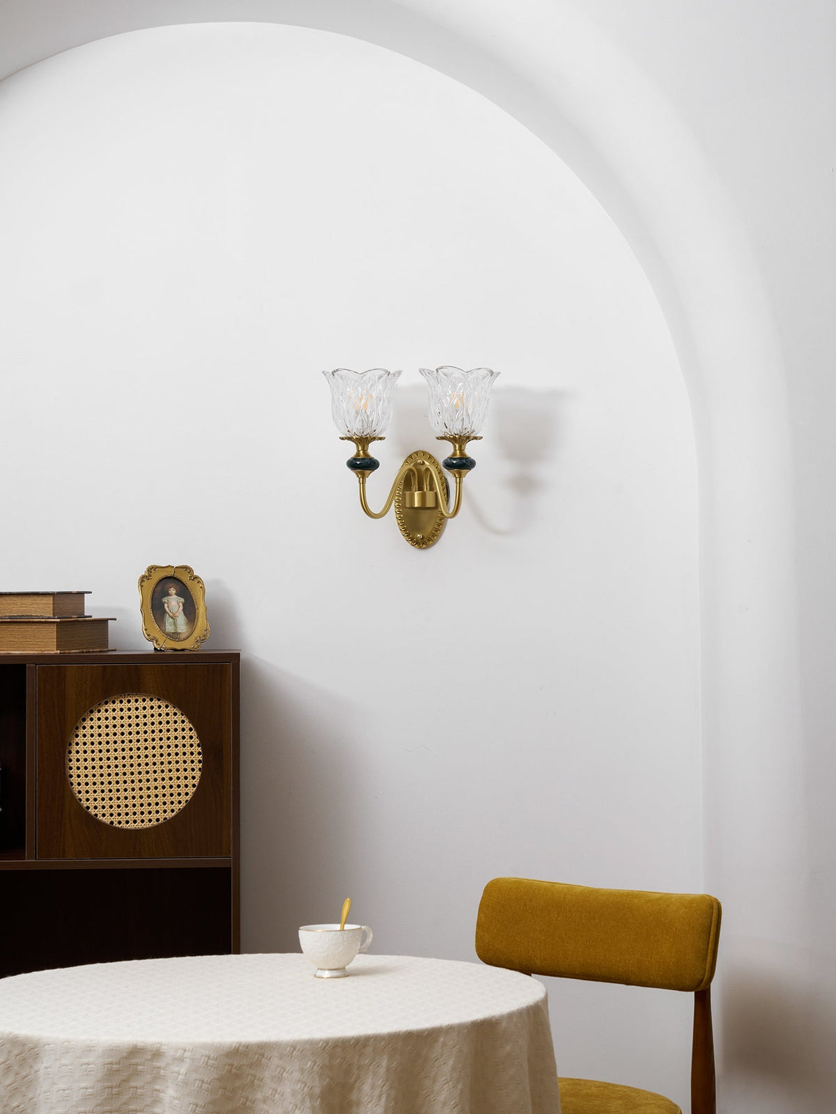Ceramic Wall Sconce – Brass Arm with Hand-Painted Ceramic Backplate, Single or Double, Classic Style