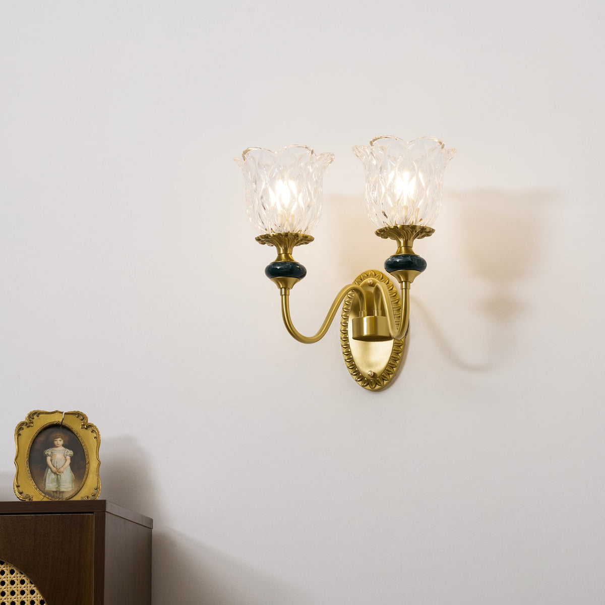 Ceramic Wall Sconce – Brass Arm with Hand-Painted Ceramic Backplate, Single or Double, Classic Style