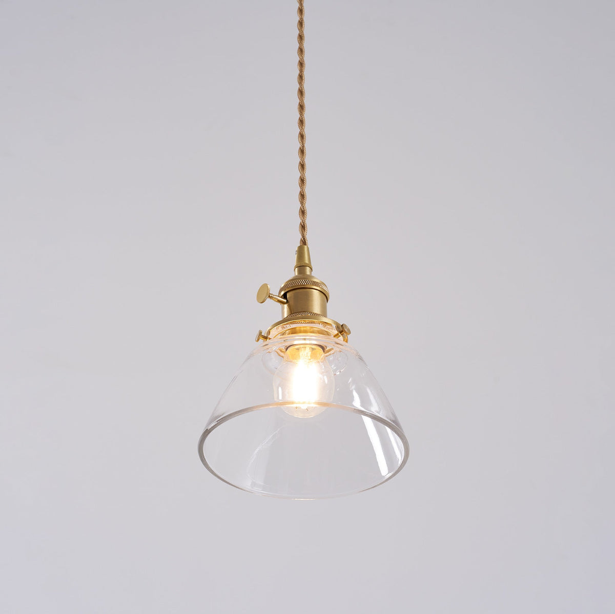 Clear Glass Pendant Light – Brass Farmhouse Kitchen Pendant, 3 Shapes, 14 to 15cm