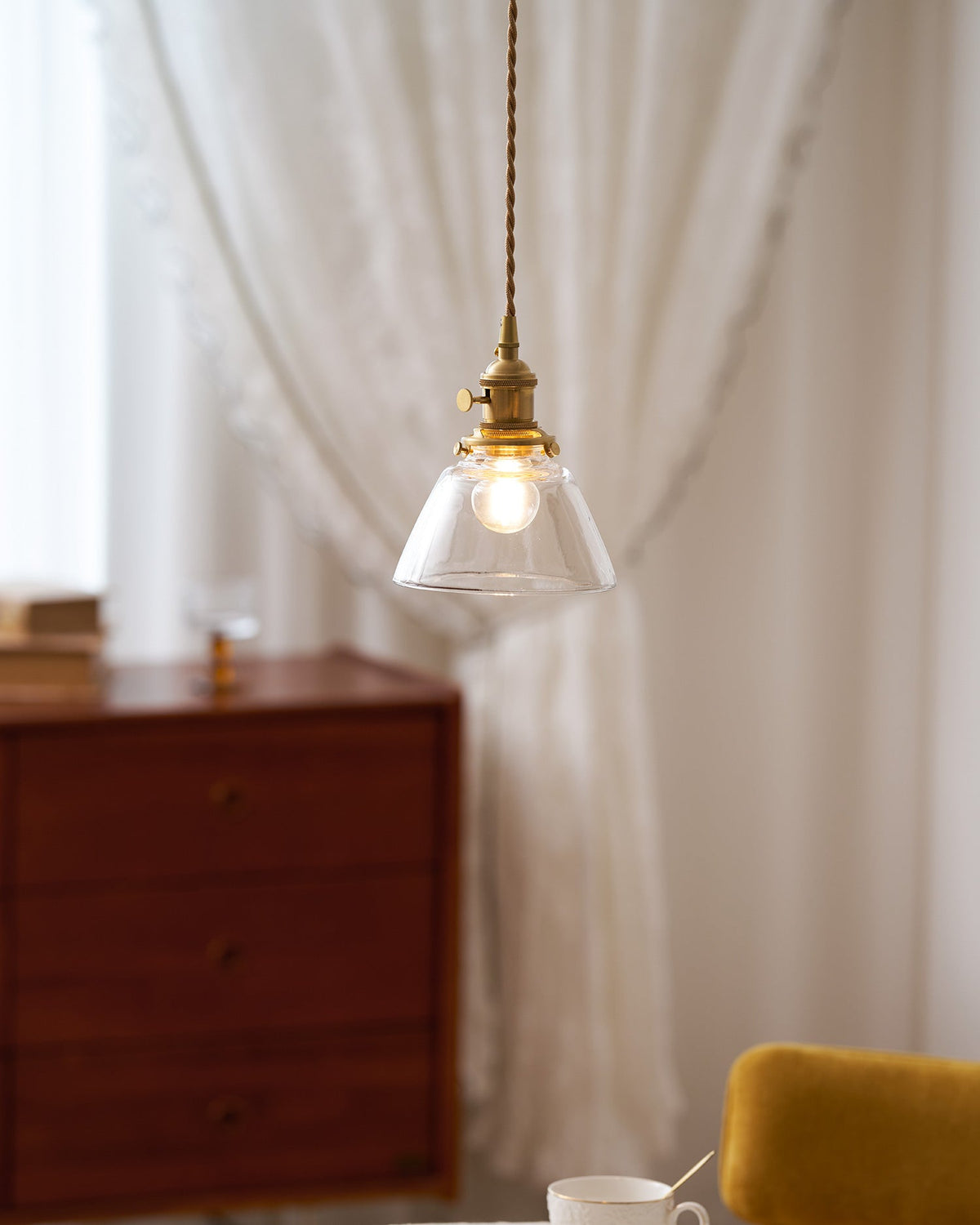 Clear Glass Pendant Light – Brass Farmhouse Kitchen Pendant, 3 Shapes, 14 to 15cm