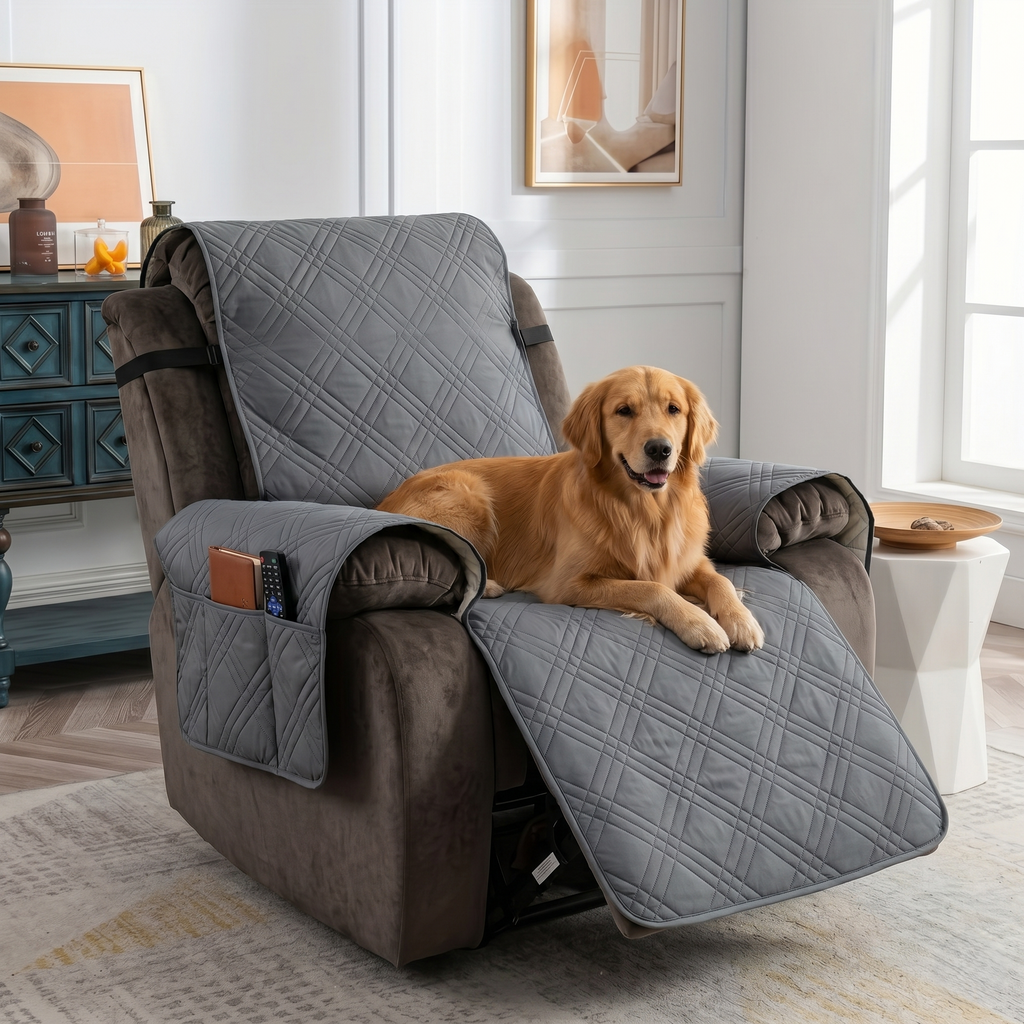 Waterproof Quilted Recliner Chair Cover With Non-Slip Backing & Storage Pockets