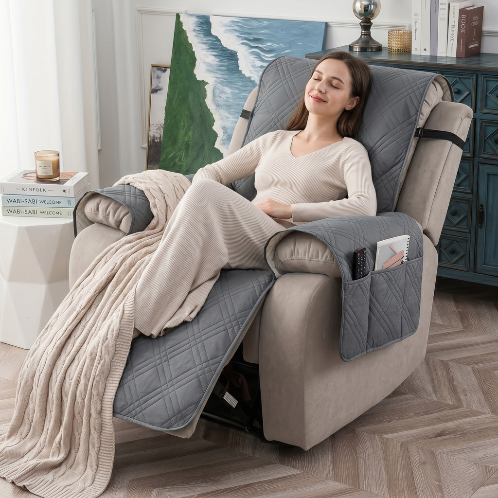 Waterproof Quilted Recliner Chair Cover With Non-Slip Backing & Storage Pockets