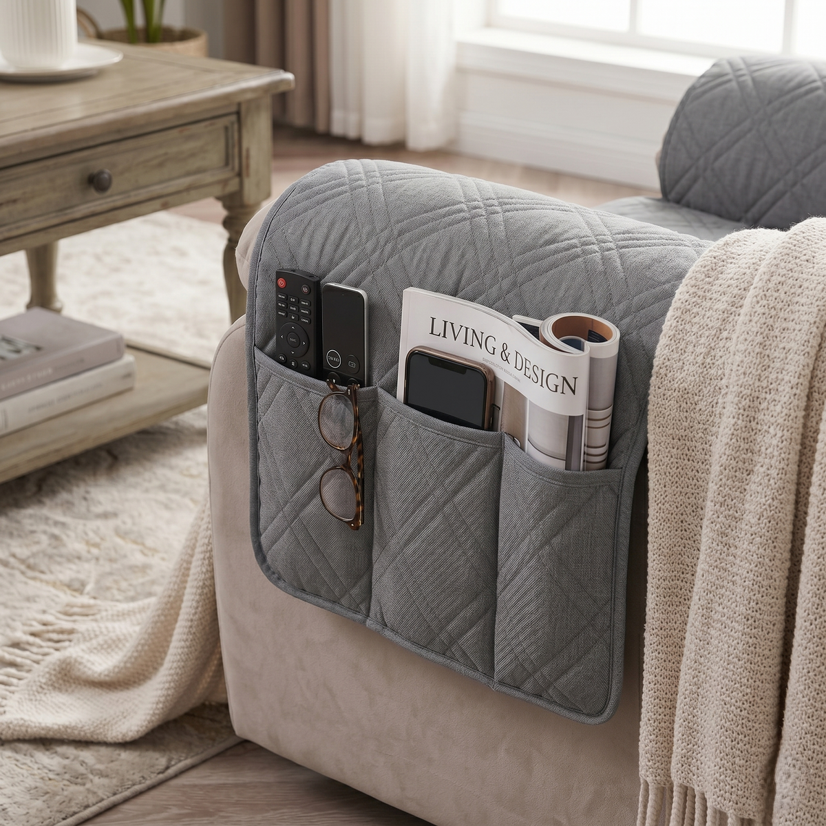 Waterproof Quilted Recliner Chair Cover With Non-Slip Backing & Storage Pockets