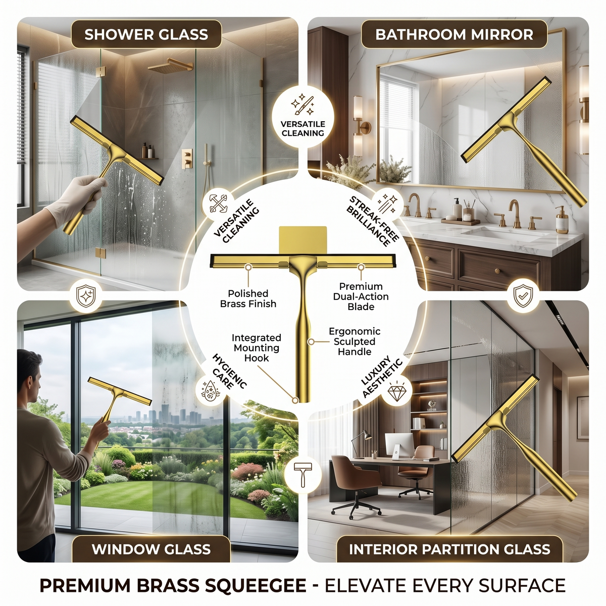 Brass Shower Glass Squeegee With Wall Mount Hook