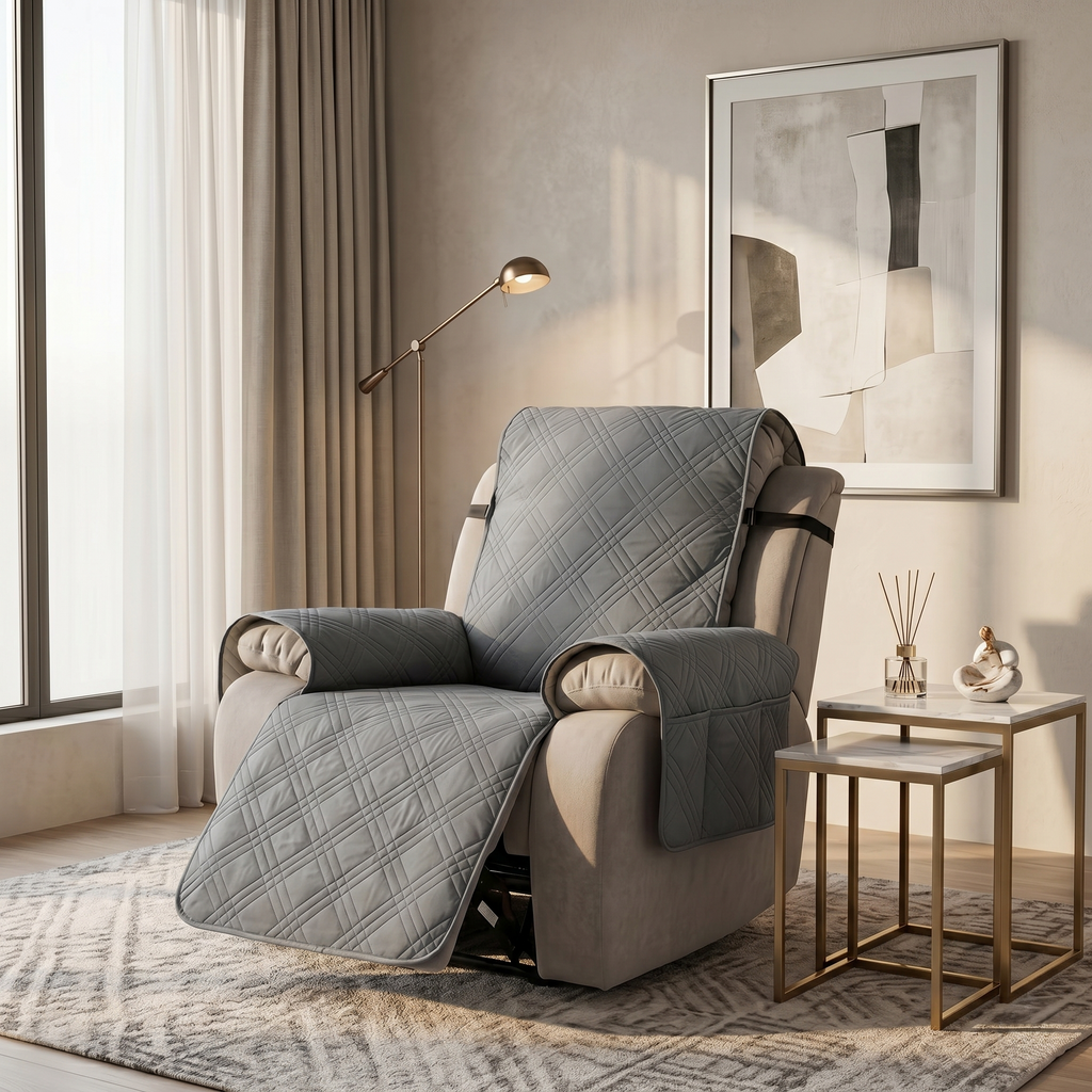 Waterproof Quilted Recliner Chair Cover With Non-Slip Backing & Storage Pockets
