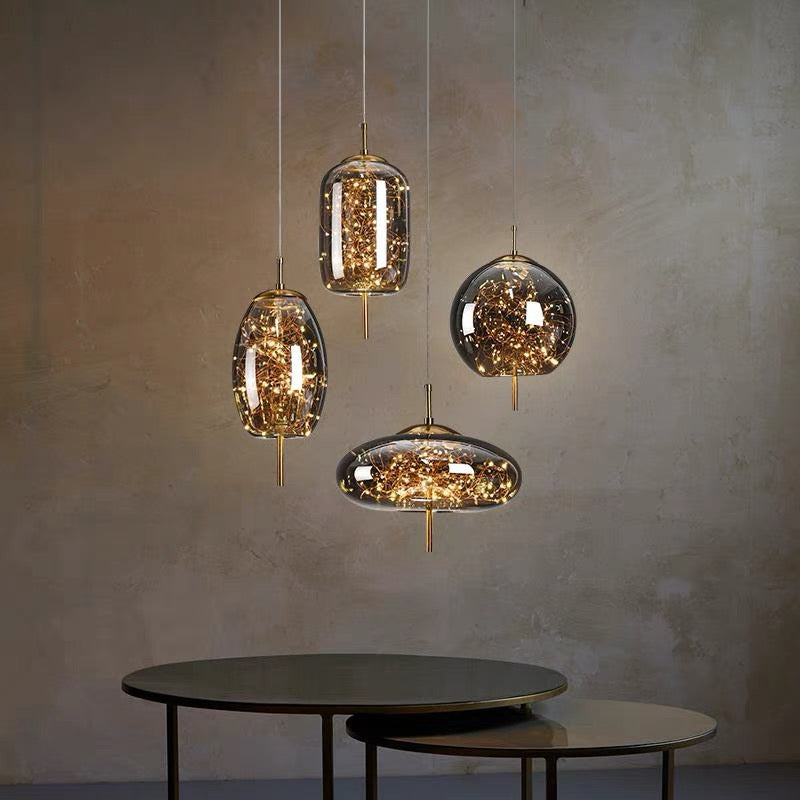 Smoked Glass Pendant Light – Amber or Grey Smoke LED Pendant, 4 Shapes, Adjustable Cord