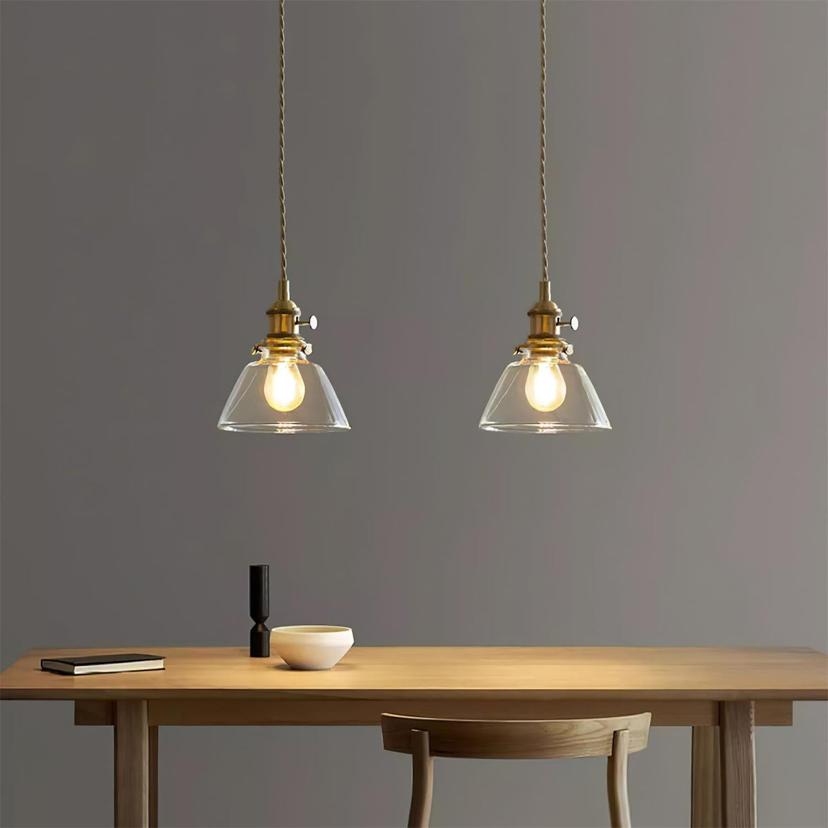 Clear Glass Pendant Light – Brass Farmhouse Kitchen Pendant, 3 Shapes, 14 to 15cm