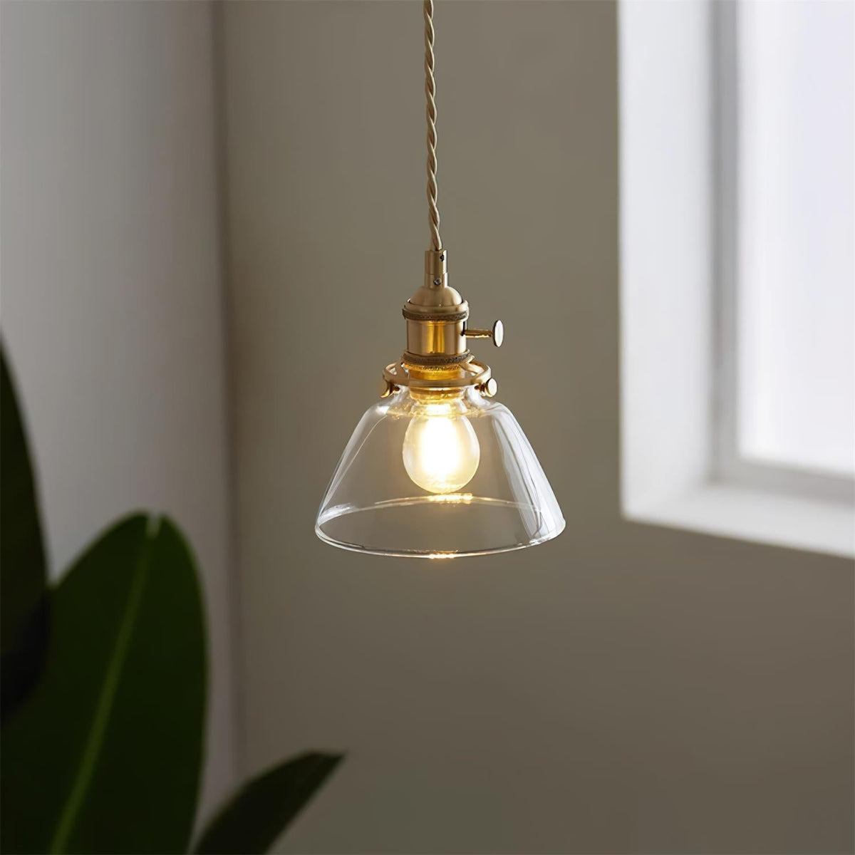 Clear Glass Pendant Light – Brass Farmhouse Kitchen Pendant, 3 Shapes, 14 to 15cm