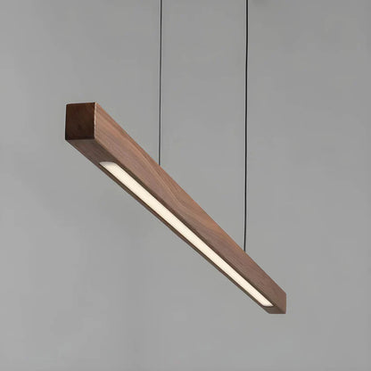 Linear wooden LED pendant light with slim bar shade