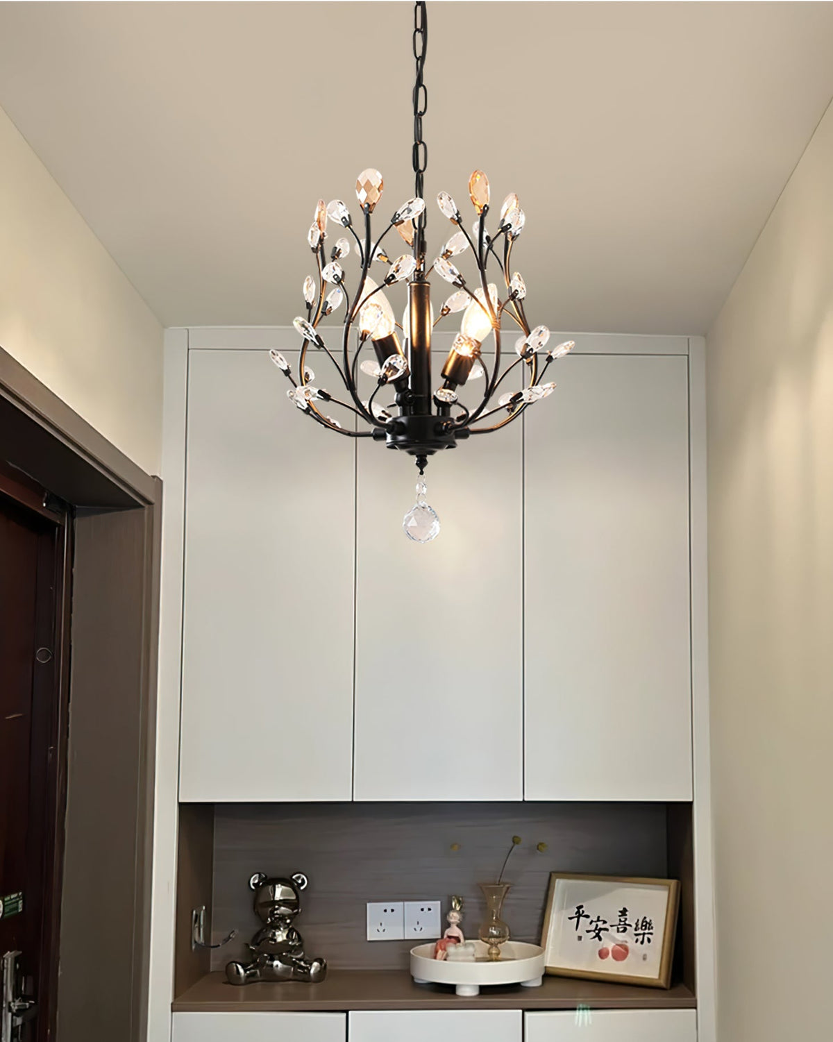 Crystal Pendant Light – Gold or Black Metal Frame with Crystal Accents, 32cm, Dining & Entrance
