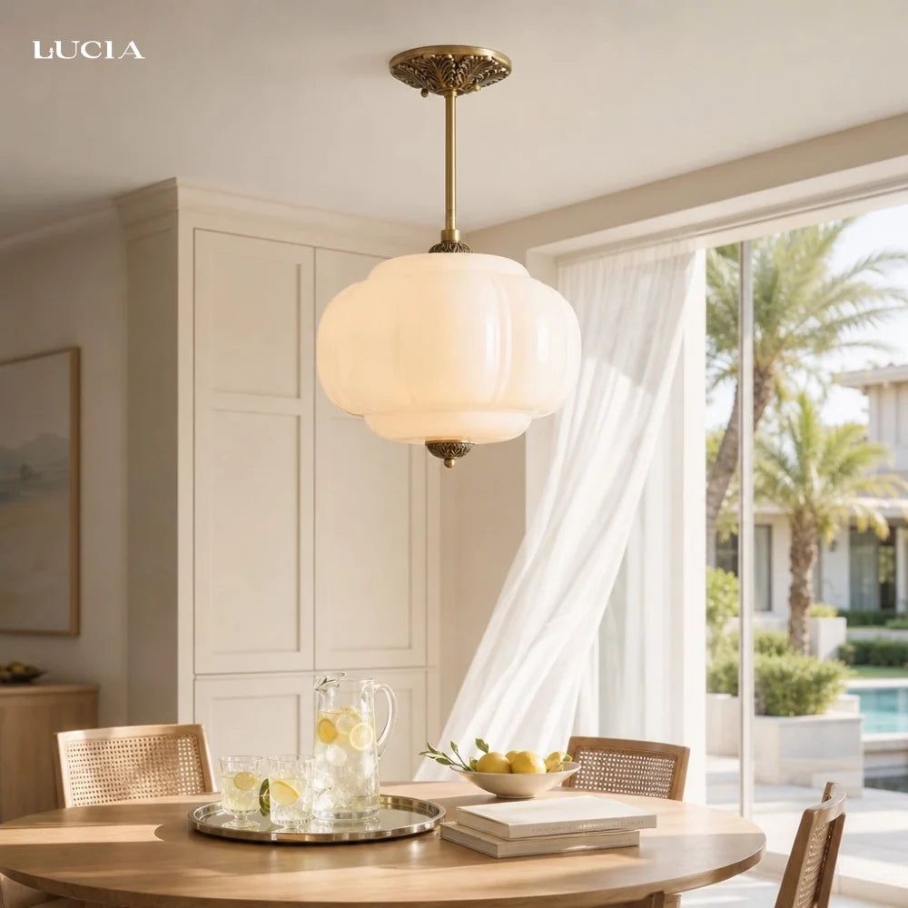 Lumi Antique Brass Green Glass Pumpkin Semi-Flush Mount Eloise Pendant