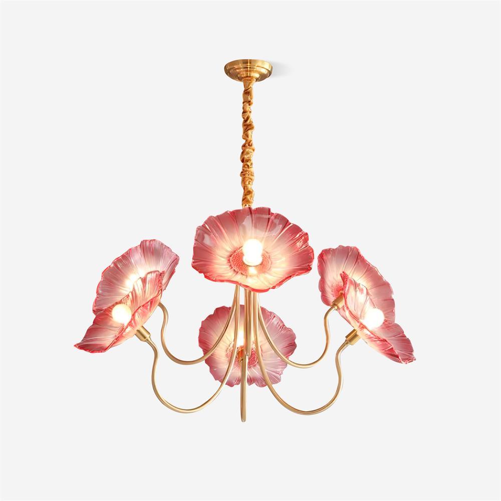 Murano Style Glass Chandelier – Floral Gold Dining Light, 3 or 6 Heads, 90cm, Pink or Clear Glass