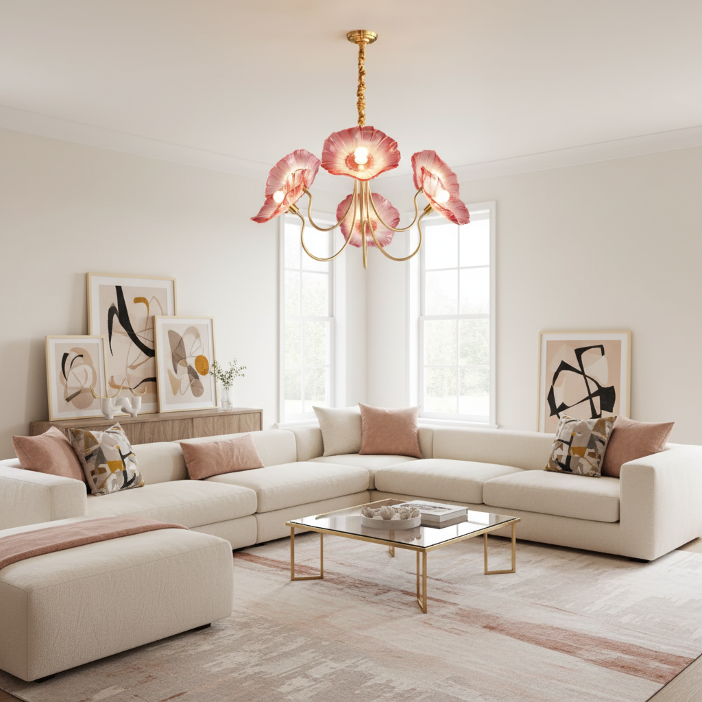 Murano Style Glass Chandelier – Floral Gold Dining Light, 3 or 6 Heads, 90cm, Pink or Clear Glass