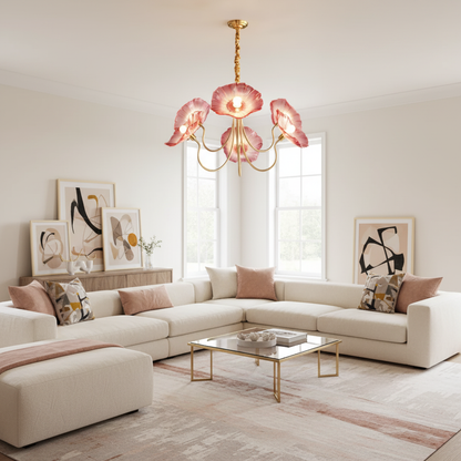 Murano Style Glass Chandelier – Floral Gold Dining Light, 3 or 6 Heads, 90cm, Pink or Clear Glass