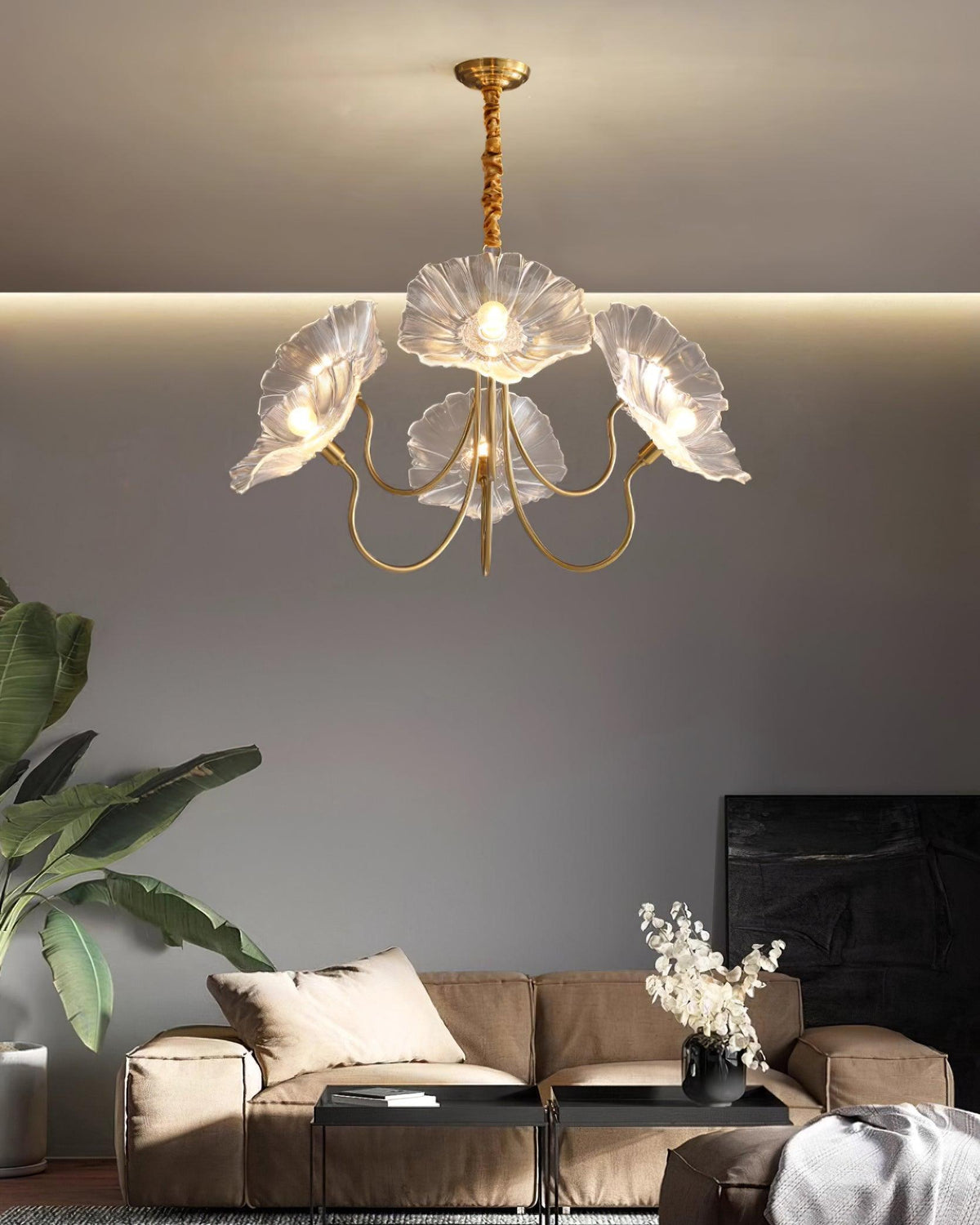 Murano Style Glass Chandelier – Floral Gold Dining Light, 3 or 6 Heads, 90cm, Pink or Clear Glass