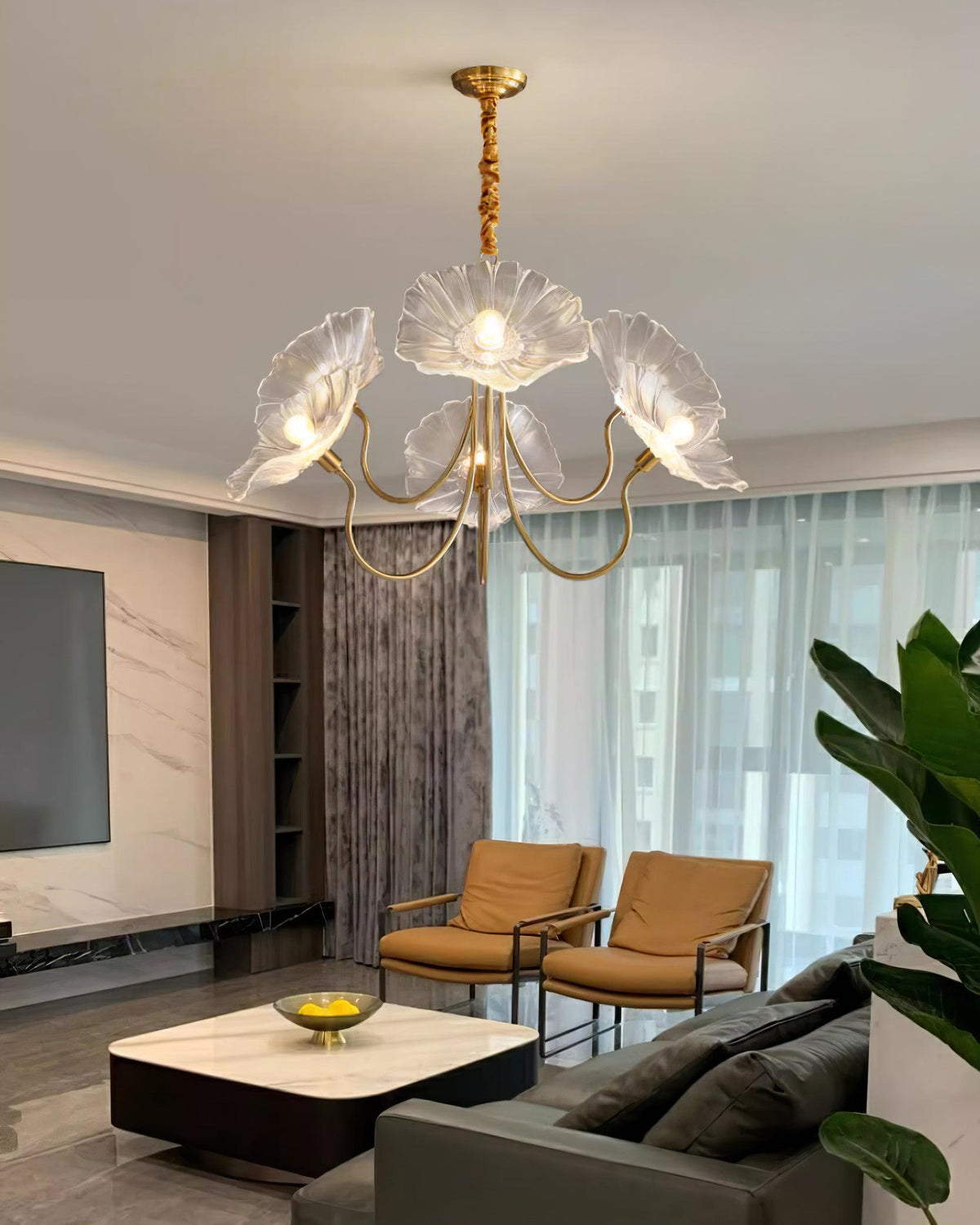 Murano Style Glass Chandelier – Floral Gold Dining Light, 3 or 6 Heads, 90cm, Pink or Clear Glass
