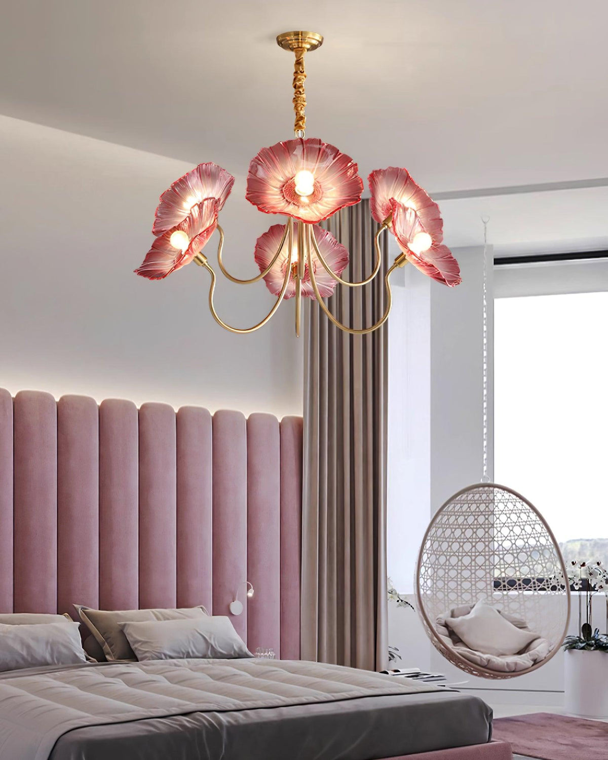 Murano Style Glass Chandelier – Floral Gold Dining Light, 3 or 6 Heads, 90cm, Pink or Clear Glass