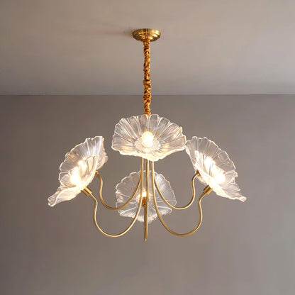 Murano Style Glass Chandelier – Floral Gold Dining Light, 3 or 6 Heads, 90cm, Pink or Clear Glass