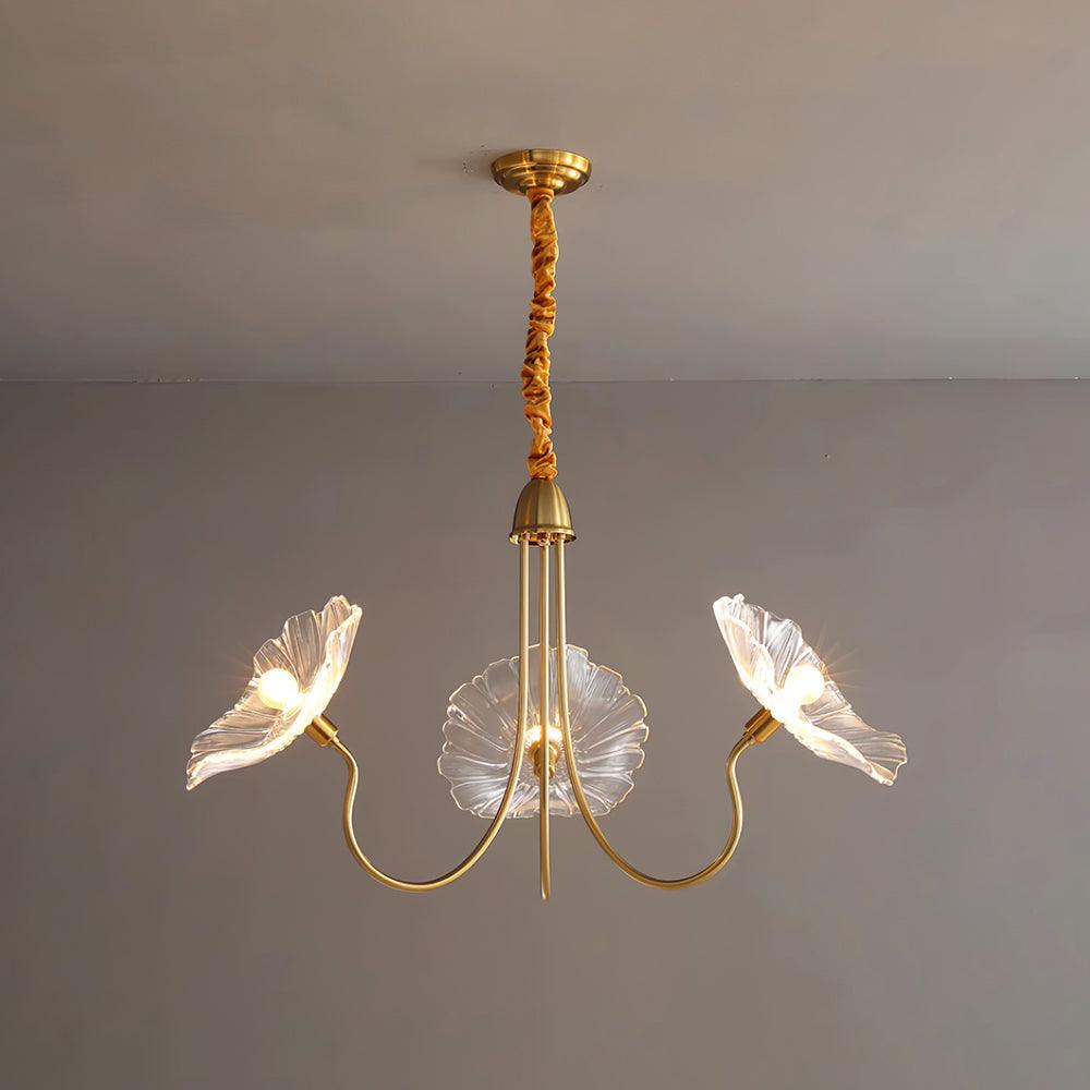 Murano Style Glass Chandelier – Floral Gold Dining Light, 3 or 6 Heads, 90cm, Pink or Clear Glass