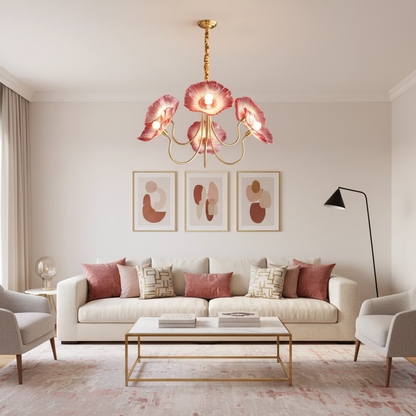 Murano Style Glass Chandelier – Floral Gold Dining Light, 3 or 6 Heads, 90cm, Pink or Clear Glass