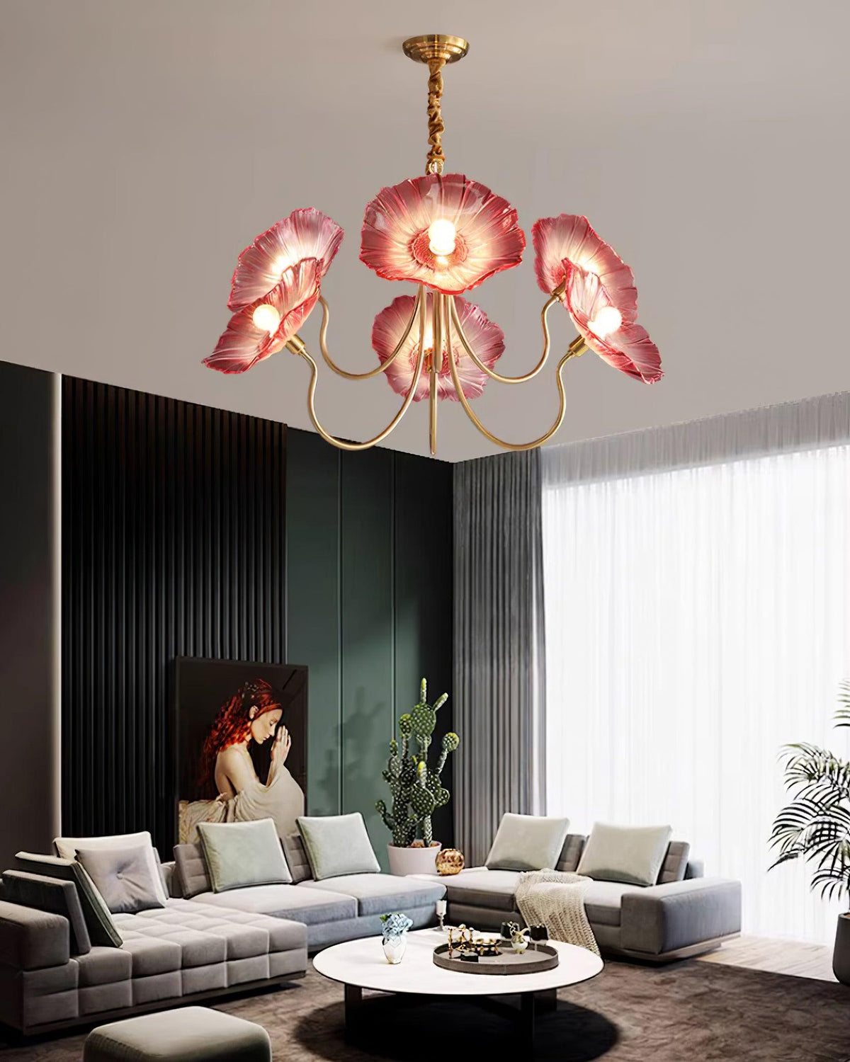 Murano Style Glass Chandelier – Floral Gold Dining Light, 3 or 6 Heads, 90cm, Pink or Clear Glass
