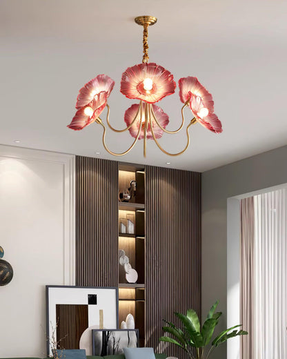 Murano Style Glass Chandelier – Floral Gold Dining Light, 3 or 6 Heads, 90cm, Pink or Clear Glass