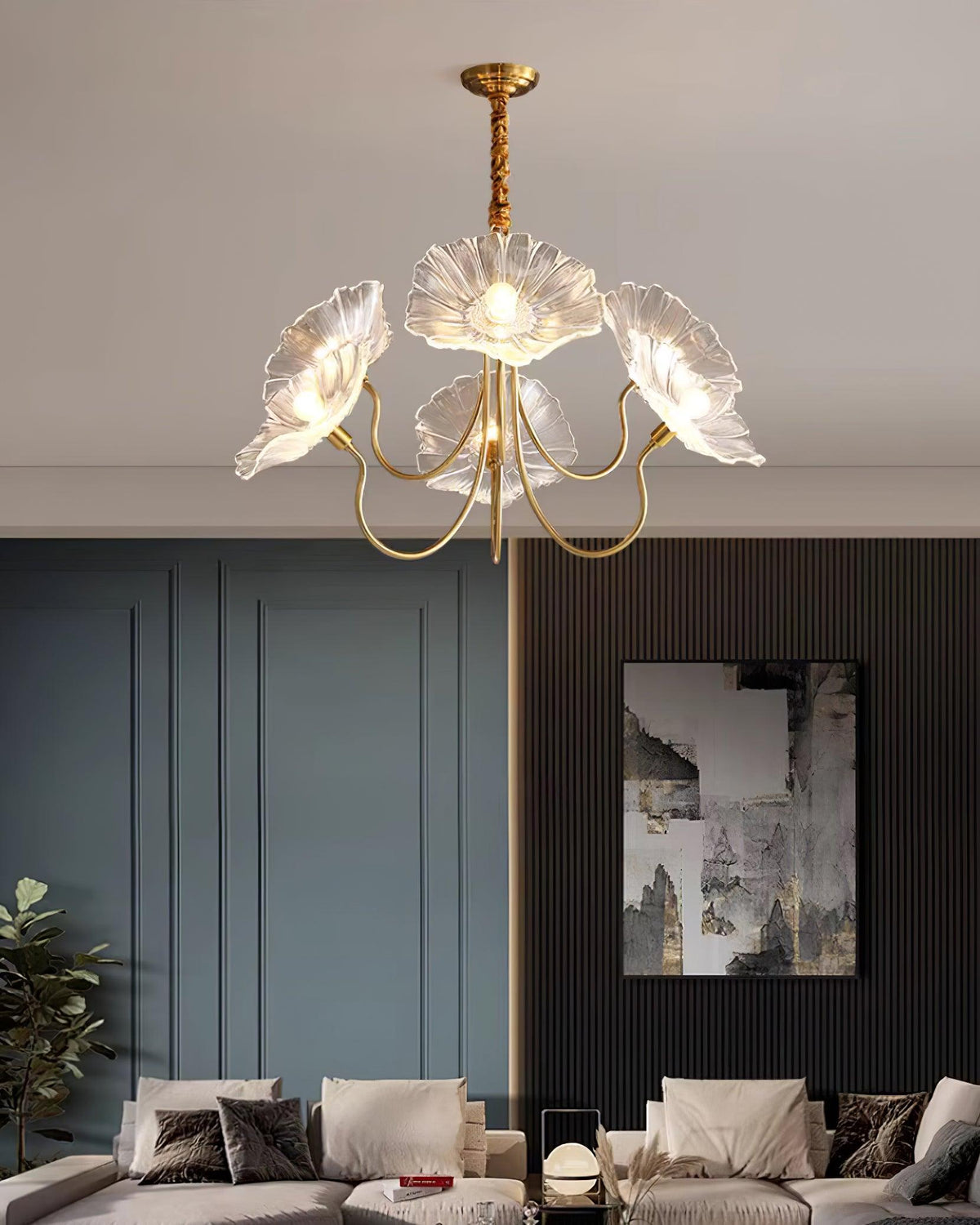 Murano Style Glass Chandelier – Floral Gold Dining Light, 3 or 6 Heads, 90cm, Pink or Clear Glass