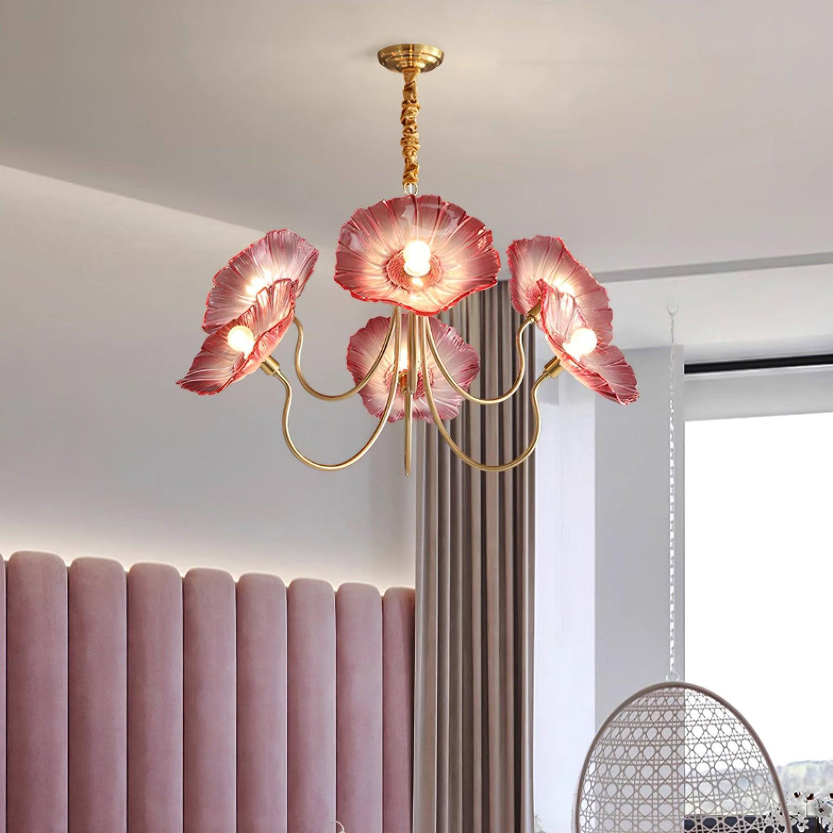Murano Style Glass Chandelier – Floral Gold Dining Light, 3 or 6 Heads, 90cm, Pink or Clear Glass