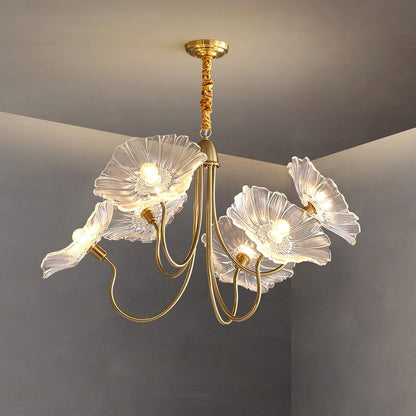 Murano Style Glass Chandelier – Floral Gold Dining Light, 3 or 6 Heads, 90cm, Pink or Clear Glass