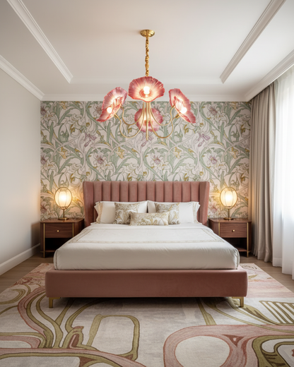 Murano Style Glass Chandelier – Floral Gold Dining Light, 3 or 6 Heads, 90cm, Pink or Clear Glass