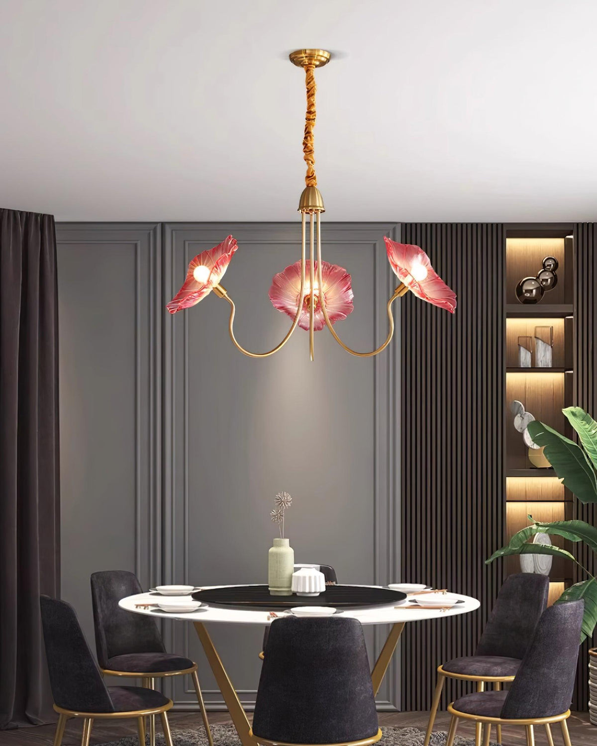 Murano Style Glass Chandelier – Floral Gold Dining Light, 3 or 6 Heads, 90cm, Pink or Clear Glass