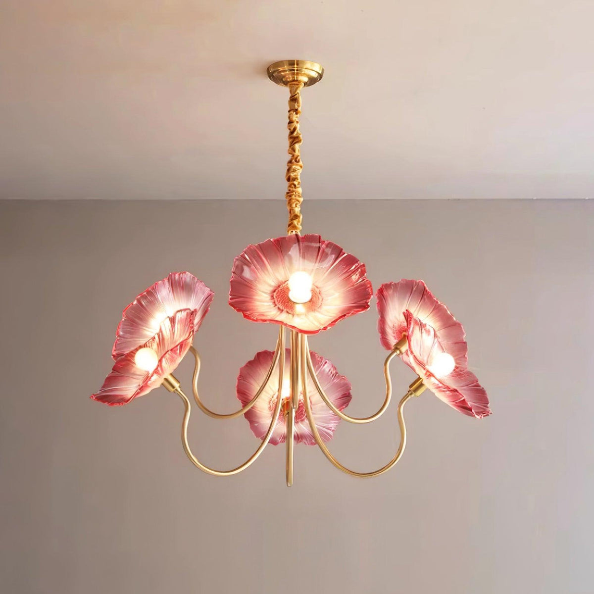 Murano Style Glass Chandelier – Floral Gold Dining Light, 3 or 6 Heads, 90cm, Pink or Clear Glass