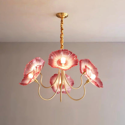 Murano Style Glass Chandelier – Floral Gold Dining Light, 3 or 6 Heads, 90cm, Pink or Clear Glass