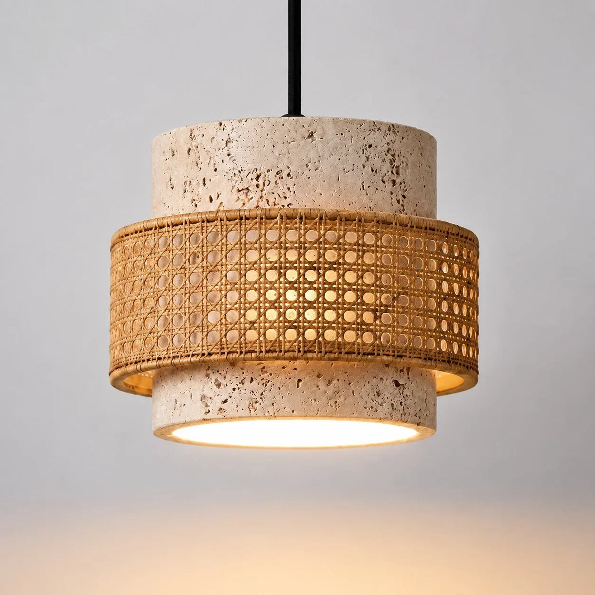 Orvina Wabi-Sabi Natural Travertine Cylinder Pendant Light - Japandi Stone Kitchen Island