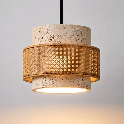 Orvina Wabi-Sabi Natural Travertine Cylinder Pendant Light - Japandi Stone Kitchen Island