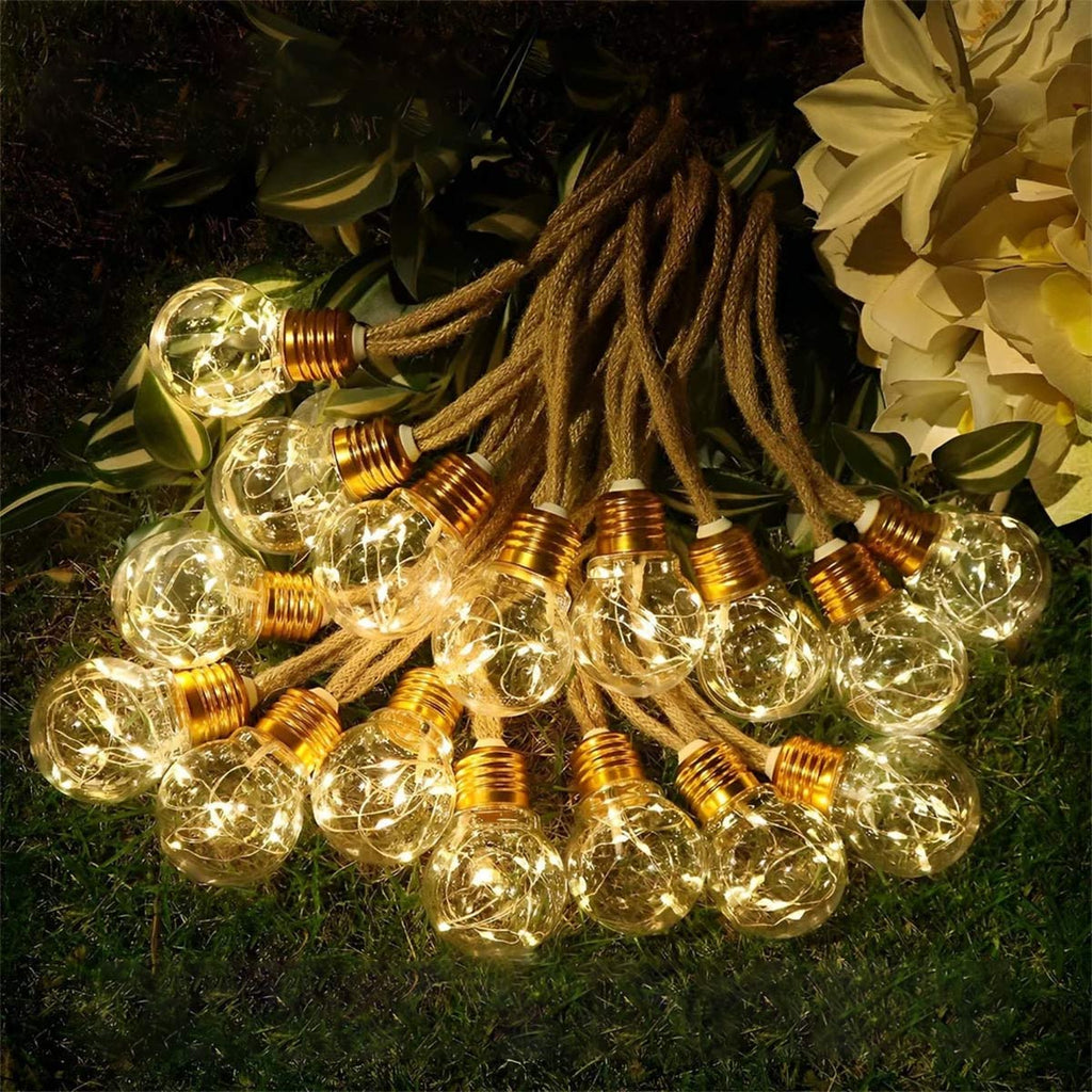 Outdoor String Lights | Solar-Powered LED Bulbs with Hemp Rope Design | Warm White Light for Patios and Gardens