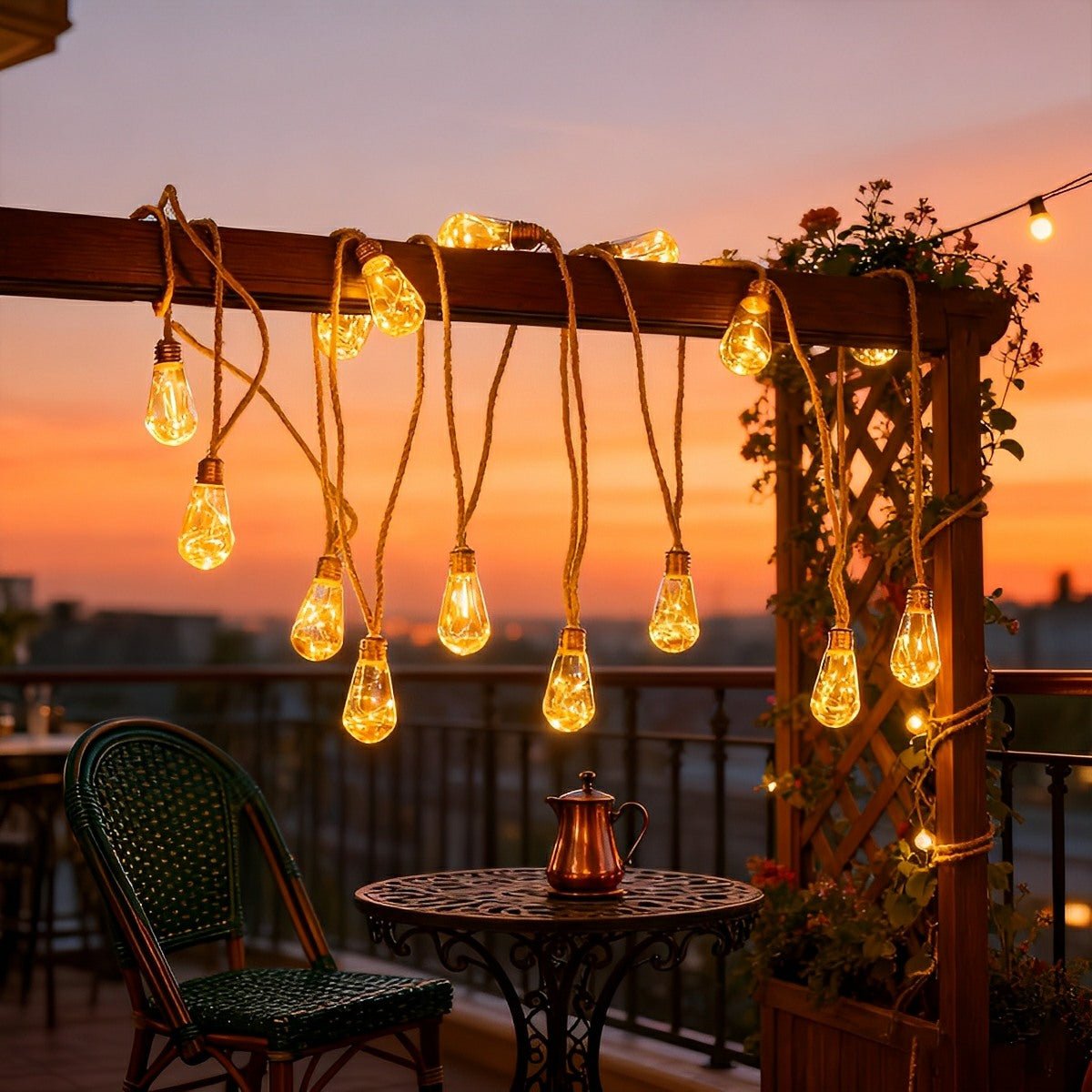 Outdoor String Lights | Solar-Powered LED Bulbs with Hemp Rope Design | Warm White Light for Patios and Gardens