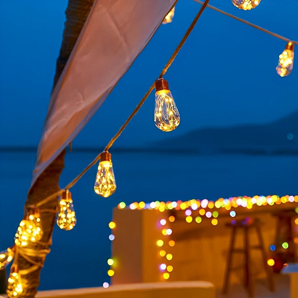 Outdoor String Lights | Solar-Powered LED Bulbs with Hemp Rope Design | Warm White Light for Patios and Gardens