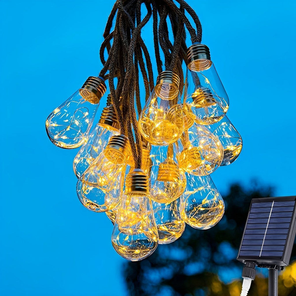 Outdoor String Lights | Solar-Powered LED Bulbs with Hemp Rope Design | Warm White Light for Patios and Gardens