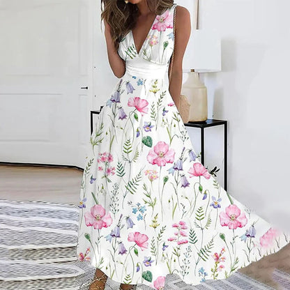 Floral Maxi Dress – V-Neck Sleeveless Summer Dress for Weddings & Garden Parties, S to 3XL